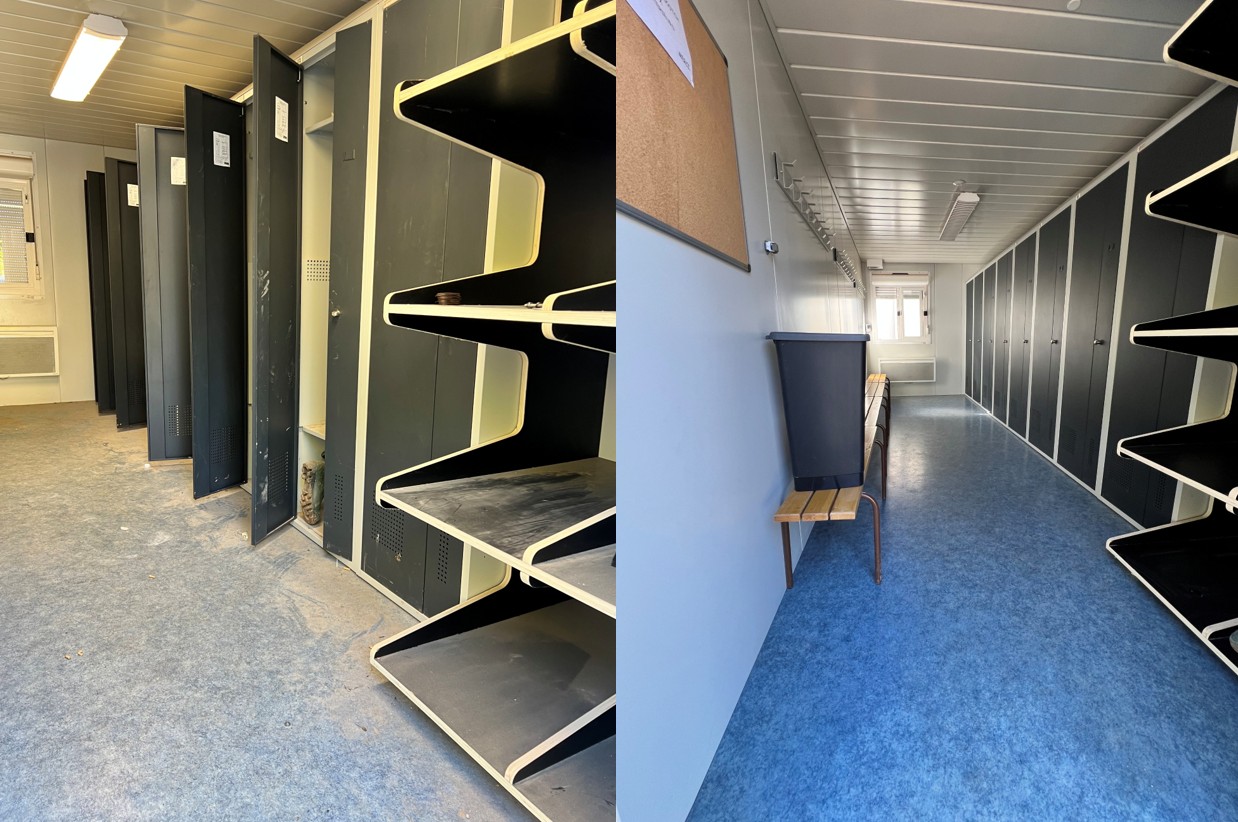 Vestiaires d'une base vie de chantier, avant et après nettoyage : casiers dégraissés et sol décapé