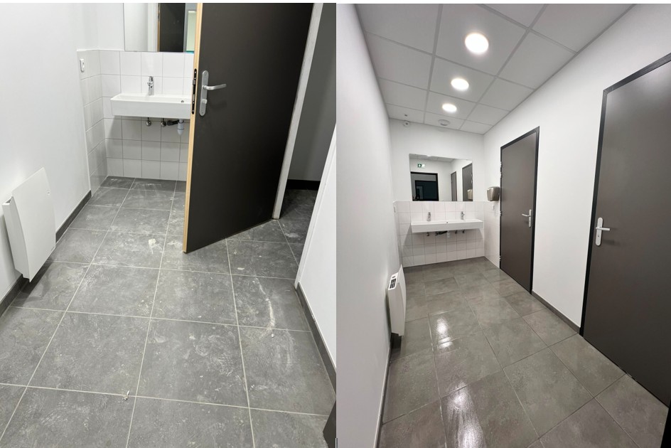 Sanitaires neufs après travaux, avant et après nettoyage : traces de plâtre retirées et sol lavé