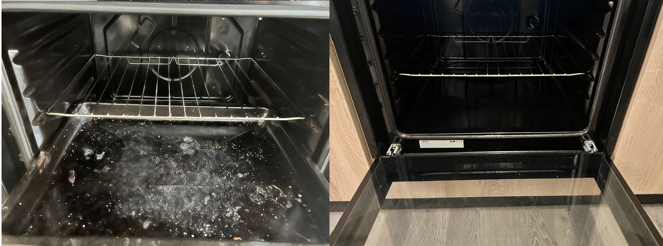 Four de cuisine, avant et après nettoyage : graisses et résidus brûlés retirés