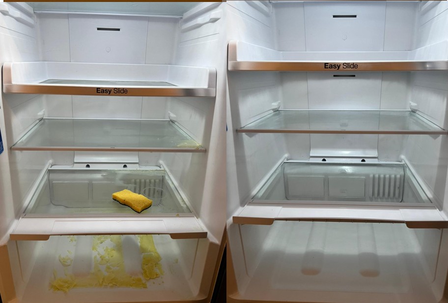 Intérieur d'un réfrigérateur, avant et après nettoyage : clayettes et bac à légumes dégraissés