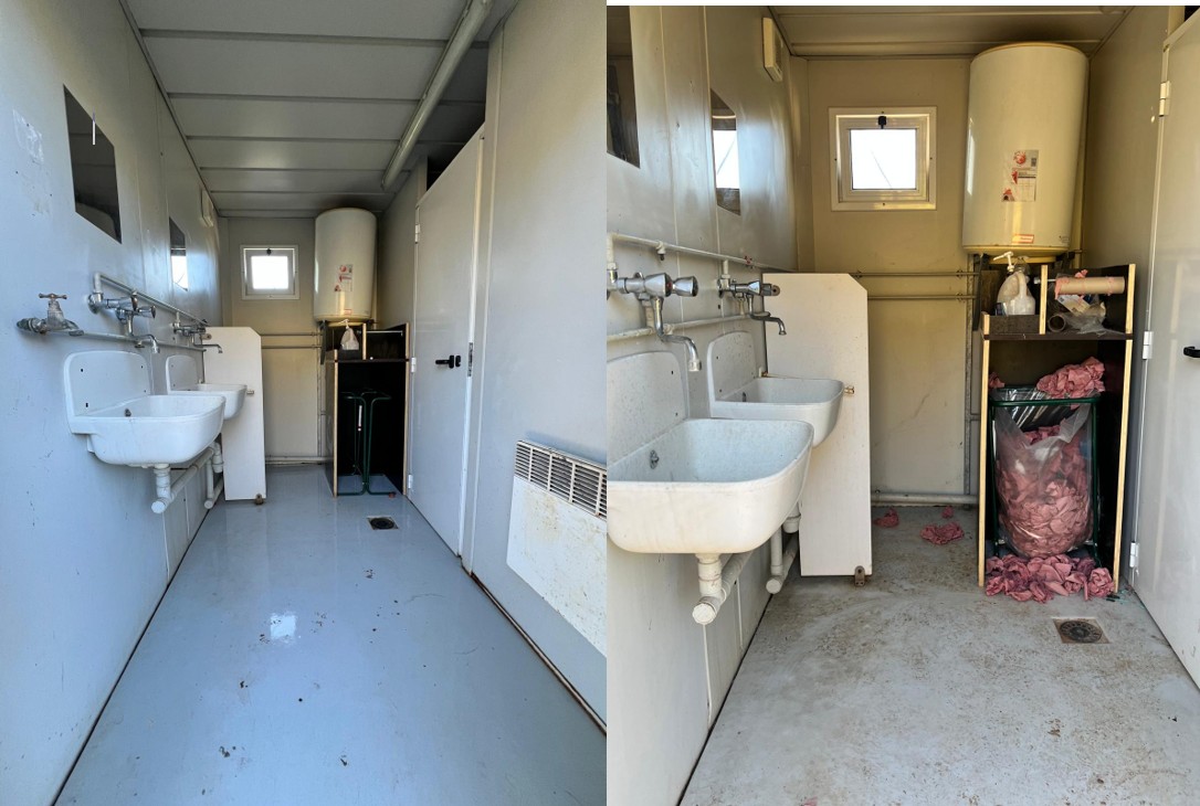Sanitaires de chantier, avant et après nettoyage : lavabos détartrés et sols traités